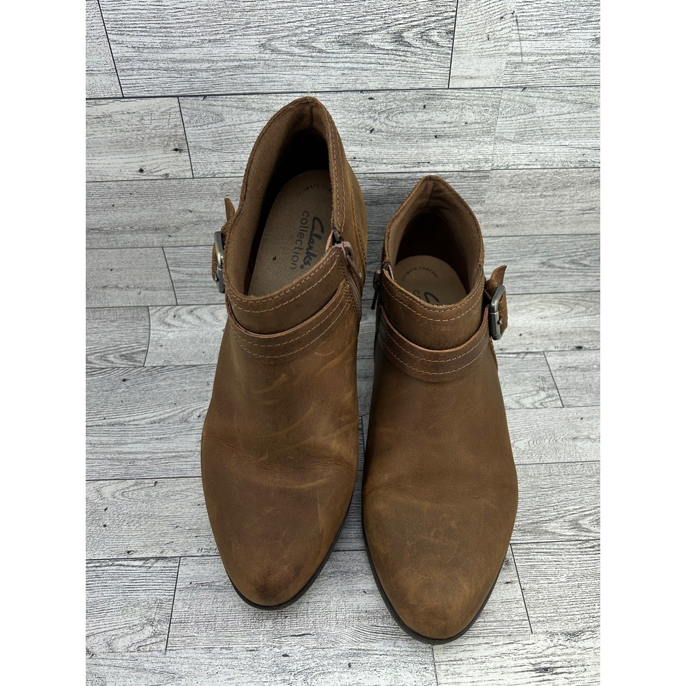 Clarks Collection Brown Leather Ankle Boots Women Size 9W Buckle‎ Zipper